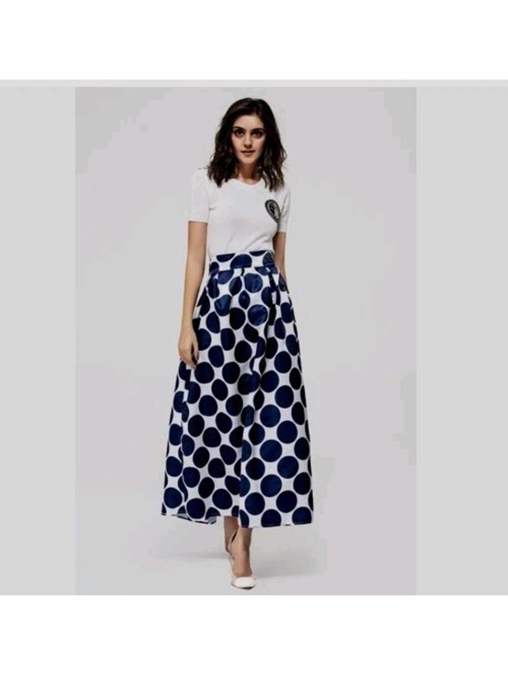 CHOLES Skirt Blue Enchantress XL White With Blue Navy Polka Dots Maxi Long